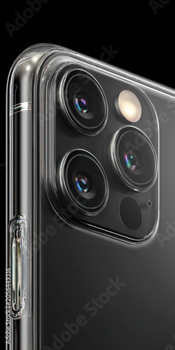 Close up of a smartphone camera lens and case with a clear reflective design