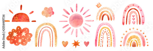 Watercolor boho rainbow clipart set with sun, clouds, hearts and stars in soft pink, peach, orange tones. Hand painted nursery elements for baby shower, kids room decor, posters, cards, invitations.