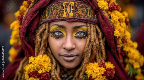 Tribal Queen of the Sun: A striking portrait of a woman adorned in vibrant tribal regalia, featuring intricate headdress, dreadlocks, and elaborate body art.