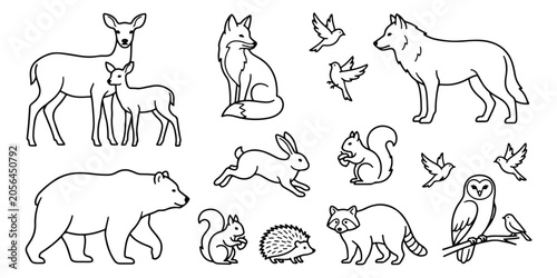 Canvas Print Minimalist forest animals line art set, woodland wildlife vector icons, black an