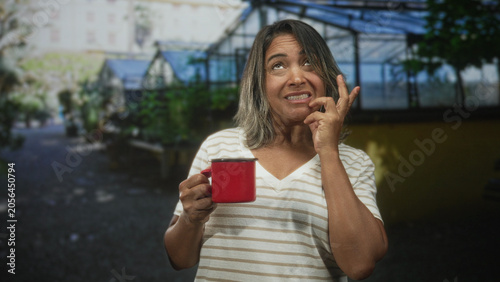 Картината върху платно Woman holding red cup with hand raised gripping mug in building, grimaces at taste; tasting disgust