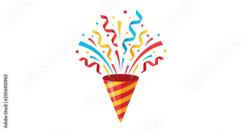 Vibrant party horn illustration with colorful confetti and streamers explodes