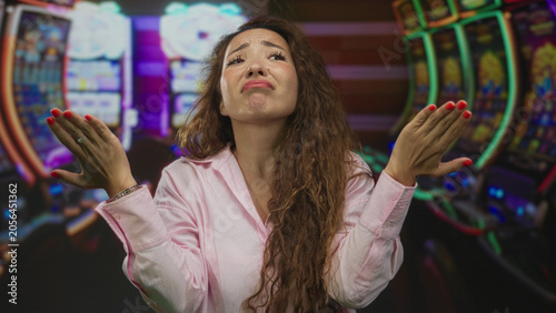фотографія Young woman shrugs palms up beside slot machines in a casino building, hands open and puzzled while wearing a pink shirt and red nails; frustration loss regret