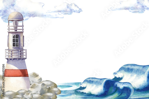 Watercolor marine landscape rectangular frame with hand-drawn lighthouse on rocks and blue sea waves on isolated background