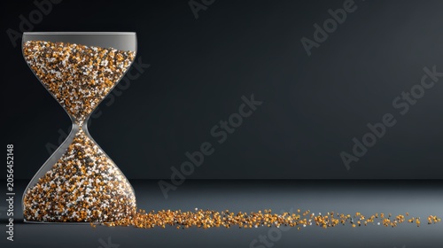 Hourglass with Glittering Sand: A dramatic hourglass filled with glittering, golden sand symbolizes the passage of time, the concept of urgency, and the fleeting nature of moments, against a dark.