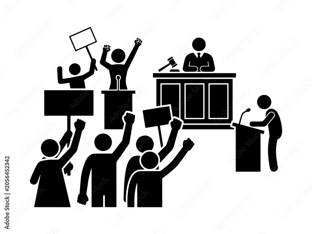 Fototapeta premium Silhouette vector depiction of a courtroom scene with a judge presiding while protesters hold signs and speakers address the court during a legal trial.