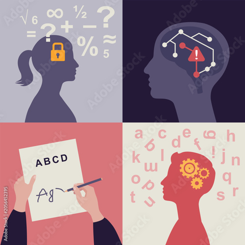 Learning disabilities and neurodiversity concept illustration set – Dyslexia, Dyscalculia, Dysgraphia and cognitive processing disorders.