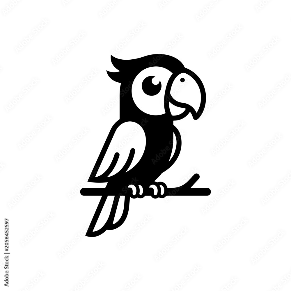 Obraz premium Clean black and white vector graphic of a cartoon cockatoo bird perched on a branch.