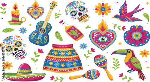 Bild auf Leinwand Mexican Dia de los Muertos and Cinco de Mayo Vector Element Set with Sugar Skull