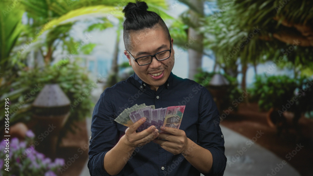 Fototapeta premium Man counting indonesian rupiah banknotes with hands in forest setting, looking down; savings prosperity contentment.