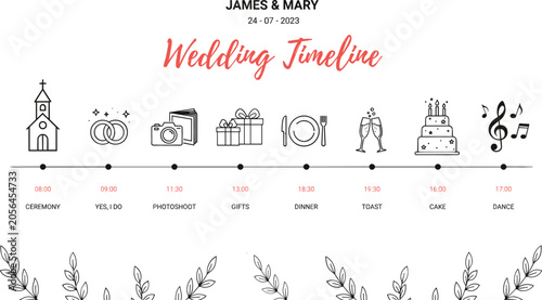 Fotografie Elegant Wedding Timeline Infographic Template with Schedule Icons Line Art and F