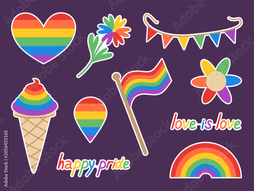LGBTQ+ pride sticker pack with rainbow elements and quotes. Colorful vector stickers for pride month celebration.