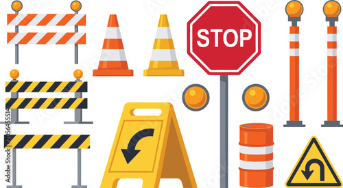 Foto Road Construction and Traffic Safety Element Set with Barriers Stop Sign Cones a