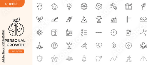 Personal Growth Thin Line Icons Set for Self Development, Success and Life Goals