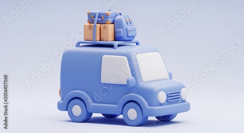 Travel van 3d illustration with luggage on roof rack for family road trip and vacation theme.