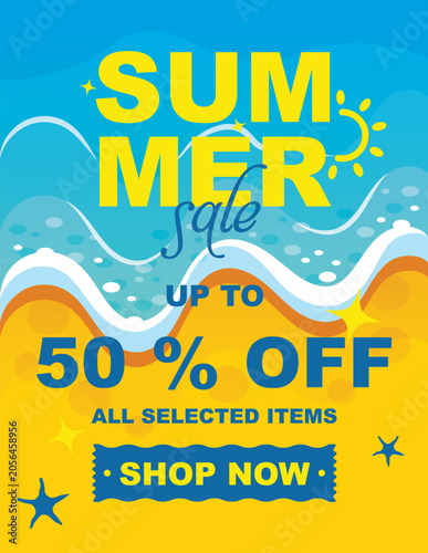 Summer Sale Banner Template, Discount Promotion up to 50% Off, Beach Background and Sea Waves