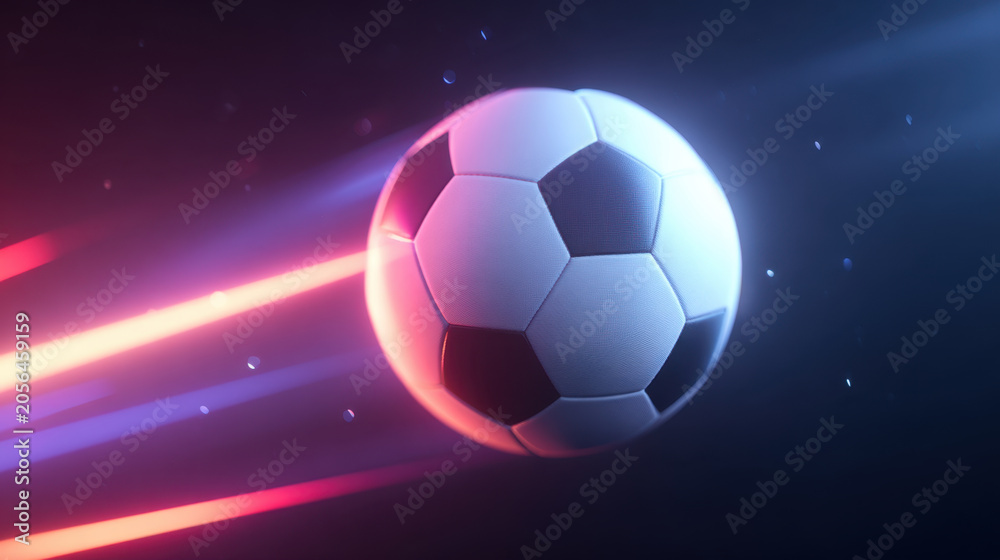 Naklejka premium Floating soccer ball dynamic motion dramatic light glowing trail dark background sport concept black and white ball airborne object fast movement 3d render
