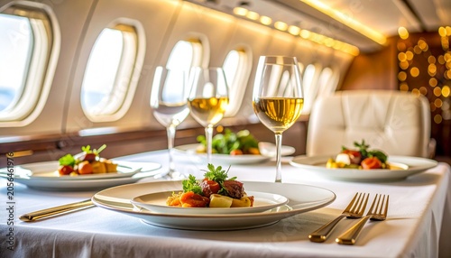 Luxury Gourmet Dining Experience with White Wine Aboard a Private Jet Flight