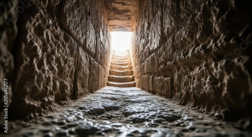 Stone stairs leading to a bright light in a dark underground tunnel passage