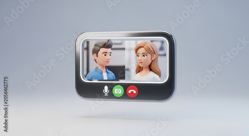 Modern mobile video call interface with two cartoon avatars and control buttons in 3d style.