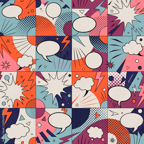 Bold Retro Superhero Inspired Seamless Vector Pattern with Comic Book Speech Bubbles and Explosions