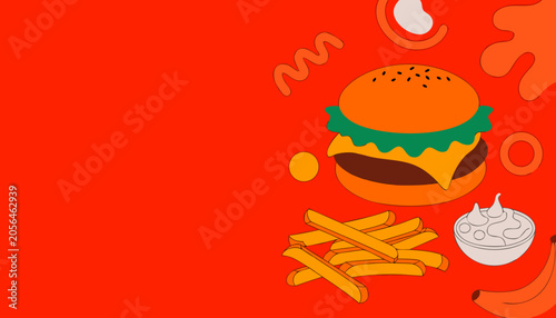Modern premium vector illustration of a delicious burger with french fries and sauce on a vibrant red background with copy space