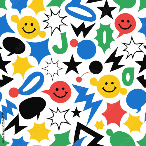 Vibrant and Playful Seamless Pattern with Retro Emoticons, Speech Bubbles, and Geometric Shapes