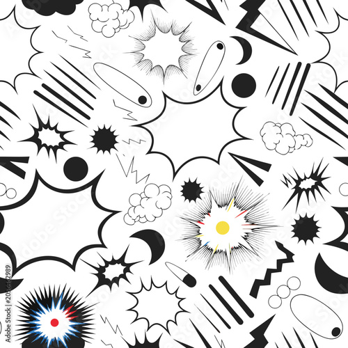 Explosive Comic Book Action Seamless Vector Pattern of Sound Effects and Speech Bubbles
