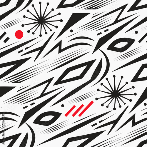 Dynamic Abstract Seamless Pattern with Geometric Sharp Shapes and Circular Elements in Monochromatic Style