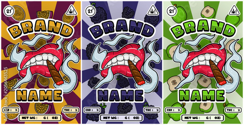 Set of Cartoon Smoking Mouth with Passion Fruit, Blackberry, Green Apple Strains and Smoke