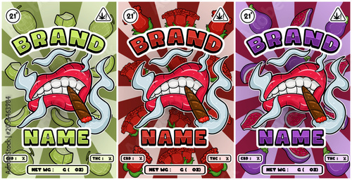 Set of Cartoon Smoking Mouth with Melon, Roses, Fig Fruit Strains and Smoke