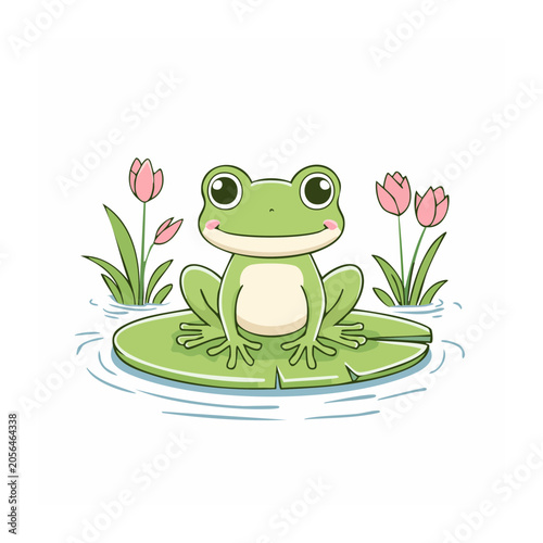 Green frog sitting on lily pad with flowers