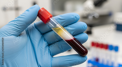 Hand in blue glove holding blood test tube with plasma, serum and red cells