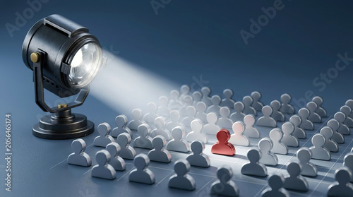 Searchlight spotlight crowd person target surveillance leader selection security concept searchlight spotlight scanning crowd with one red person highlighted symbol for surveillance selection