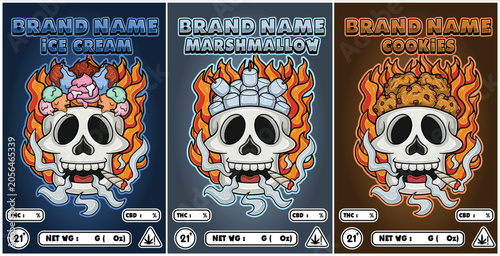 Ice cream, marshmallow and cookies Strains in Flaming Skull Head and Smoking Mascot Packaging