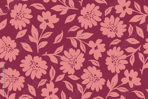 Elegant seamless floral pattern with soft pink blossoms and leaves on a rich burgundy background, creating a romantic vintage look for fabric and decor.