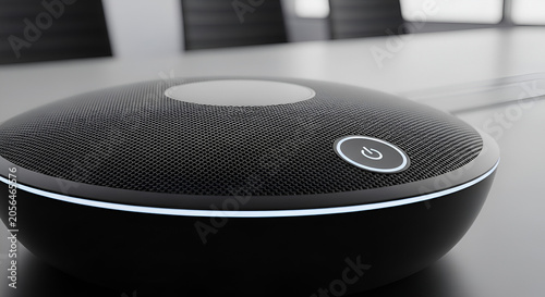 Modern conference speakerphone with power button on meeting table in office
