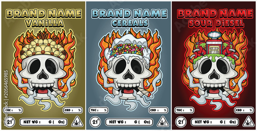 Sour diesel, vanilla, and Cereals Strains in Flaming Skull Head and Smoking Mascot Packaging.