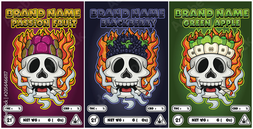 Green apple, blackberry and passion fruit Strains in Flaming Skull Head and Smoking Mascot Packaging