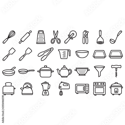 Kitchen Utensils and Tools Icon Set 2 Black and White Vector Collection | Cooking Equipment Outline Symbols