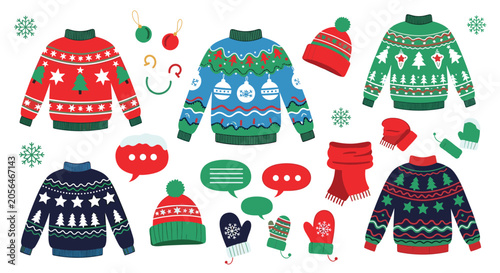 Festive colorful collection of beautiful knitted Christmas sweaters, hats, mittens, and scarves vector illustration.