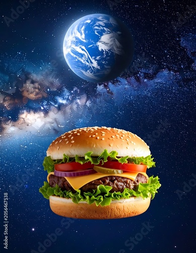 A hamburger floats in space with Earth in the background