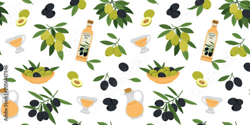 Fotografía Olive seamless pattern with olive branches, green and black olives, olive oil bottles and bowls
