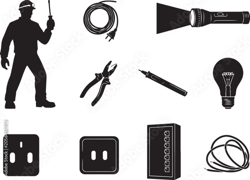Electrician tools and equipment, silhouette flashlight