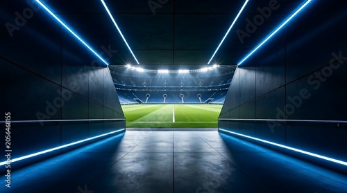 Modern stadium corridor with reflective floor and blue light for sports tournament promotion design