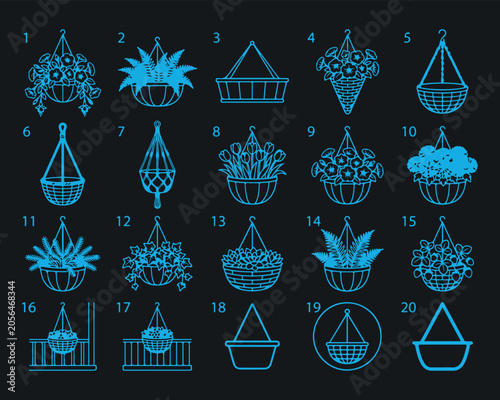 Bild auf Leinwand Assortment of hanging planter basket designs with various flowers and plants for home decor