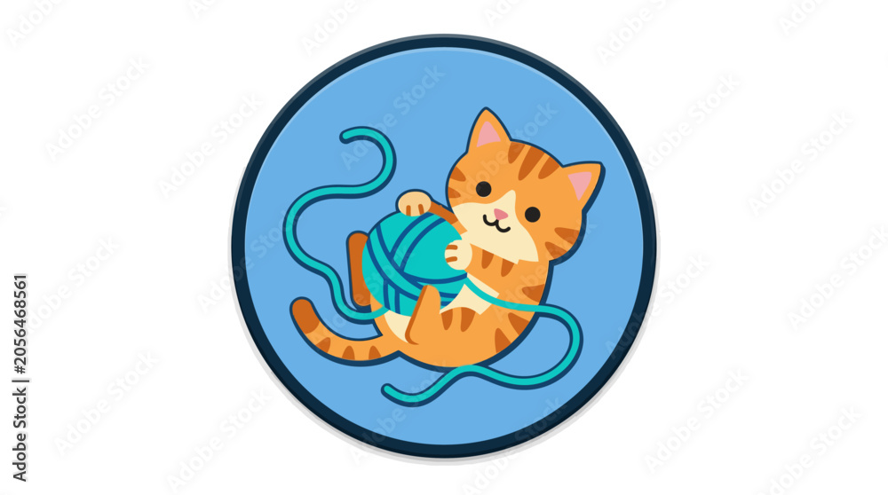 Fototapeta premium Adorable orange kitten playing with a blue yarn ball.