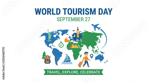 Photos World tourism day illustration with world map and travel.
