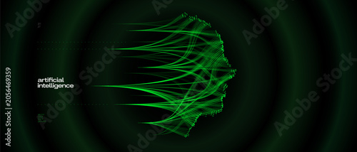 Abstract digital representation of artificial intelligence, visualizing a human profile formed by green glowing lines on a dark, circular background. The imagery conveys concepts of data.