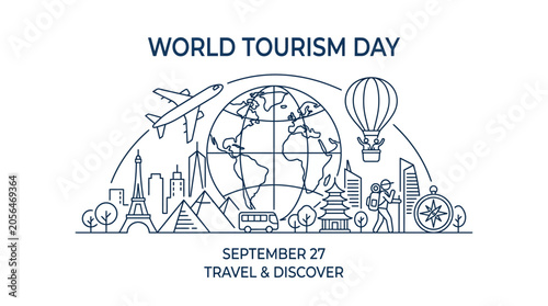 Fotografija World Tourism Day line art illustration with global landmarks.